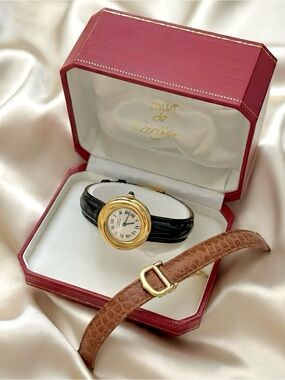AUTHENTIC RARE VINTAGE CARTIER TRINITY BLACK LEATHER WATCH - W BOX & EXTRA STRAP